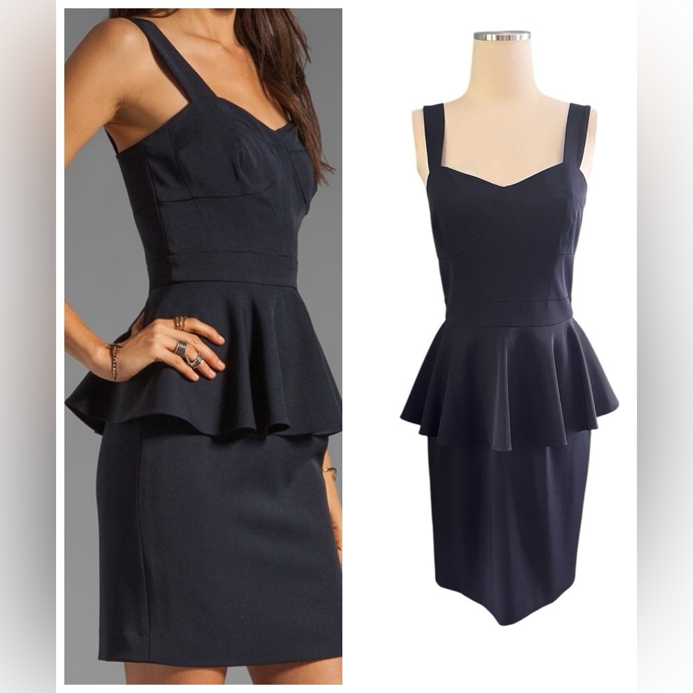 Shoshanna Navy Peplum Midi Dress with Sweetheart Neckline